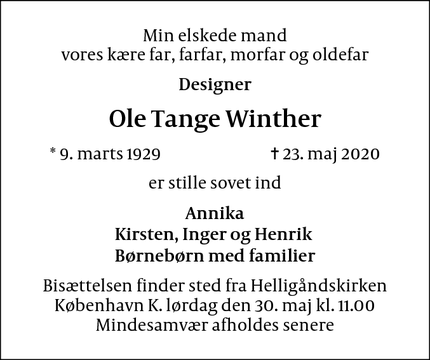 Dødsannoncen for Ole Tange Winther - København