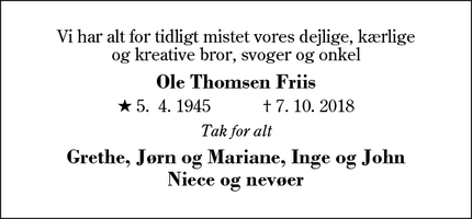 Dødsannoncen for Ole Thomsen Friis - Herning