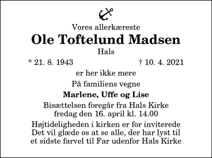 Dødsannoncen for Ole Toftelund Madsen - Hals