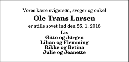 Dødsannoncen for Ole Trans Larsen - Hjørring