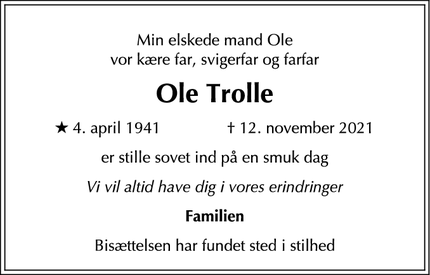 Dødsannoncen for Ole Trolle - Holte