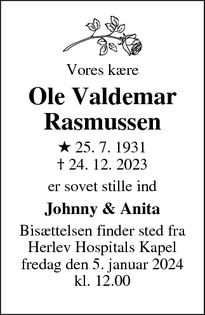 Dødsannoncen for Ole Valdemar
Rasmussen - Haslev