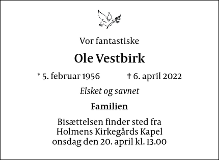 Dødsannoncen for Ole Vestbirk - Brønshøj