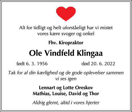 Dødsannoncen for Ole Vindfeld Klingaa - Karise