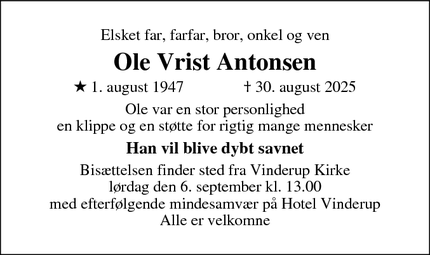 Dødsannoncen for Ole Vrist Antonsen - Holstebro