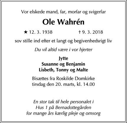 Dødsannoncen for Ole Wahrén - roskilde