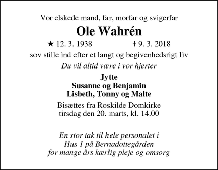 Dødsannoncen for Ole Wahrén - roskilde
