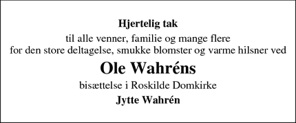 Dødsannoncen for Ole Wahréns - Roskilde