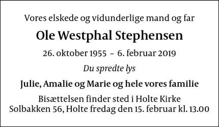 Dødsannoncen for Ole Westphal Stephensen - Holte