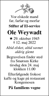 Dødsannoncen for Ole Weywadt - Smørum