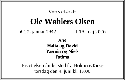 Dødsannoncen for Ole W&oslash;hlers Olsen - Strøby Egede