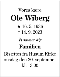 Dødsannoncen for Ole Wiberg - Brønshøj