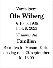 Dødsannoncen for Ole Wiberg - Brønshøj