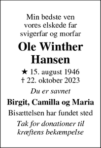 Dødsannoncen for Ole Winther Hansen - Slagelse