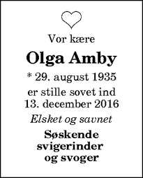 Dødsannoncen for Olga Amby - 7770 Vestervig