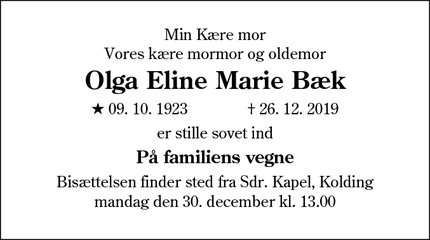 Dødsannoncen for Olga Eline Marie Bæk - kolding