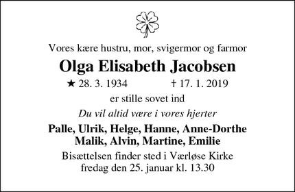 Dødsannoncen for Olga Elisabeth Jacobsen - Værløse