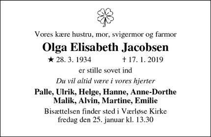 Dødsannoncen for Olga Elisabeth Jacobsen - Værløse