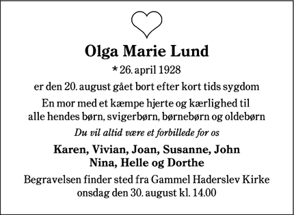 Dødsannoncen for Olga Marie Lund - Haderslev