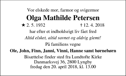 Dødsannoncen for Olga Mathilde Petersen - Virum