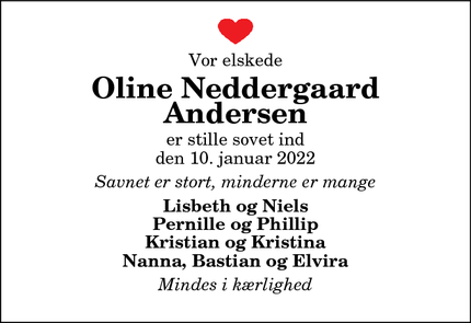Dødsannoncen for Oline Neddergaard
Andersen - fjerritslev