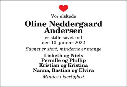 Dødsannoncen for Oline Neddergaard
Andersen - fjerritslev