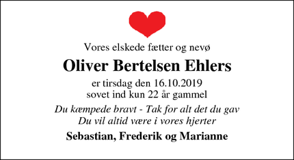 Dødsannoncen for Oliver Bertelsen Ehlers - Viborg