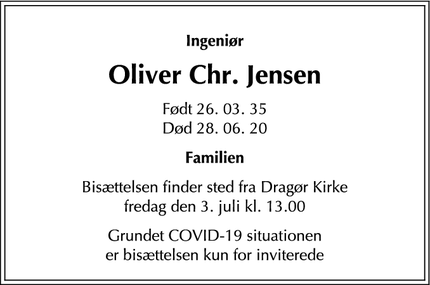 Dødsannoncen for Oliver Chr. Jensen - Dragør
