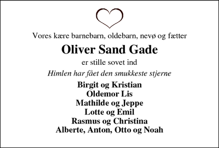 Dødsannoncen for Oliver Sand Gade - Bøvlingbjerg