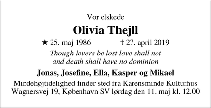 Dødsannoncen for Olivia Thejll - Valby