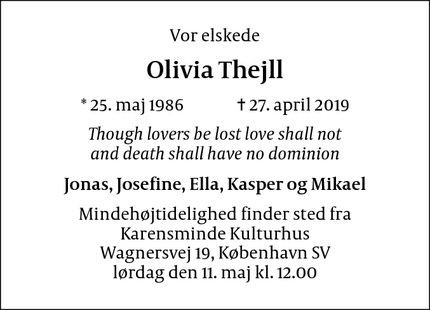 Dødsannoncen for Olivia Thejll - Valby