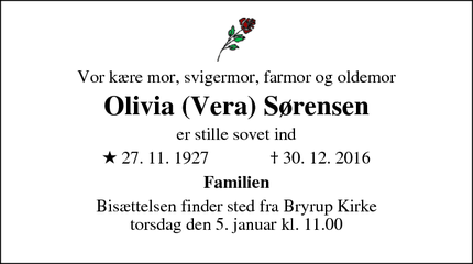 Dødsannoncen for Olivia (Vera) Sørensen - Bryrup