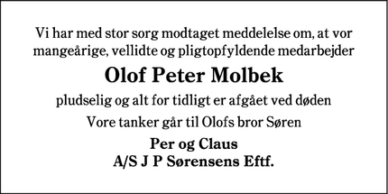 Dødsannoncen for Olof Peter Molbek - Ribe
