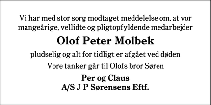Dødsannoncen for Olof Peter Molbek - Ribe