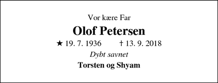 Dødsannoncen for Olof Petersen  - Gudhjem