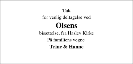 Dødsannoncen for Olsens - Haslev