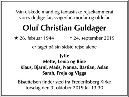 Dødsannoncen for Oluf Christian Guldager - Frederiksberg C