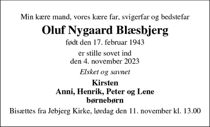 Dødsannoncen for Oluf Nygaard Blæsbjerg - Jebjerg