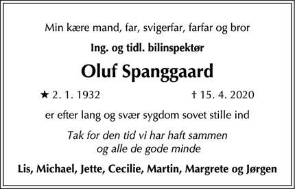 Dødsannoncen for Oluf Spanggaard  - Hillerød