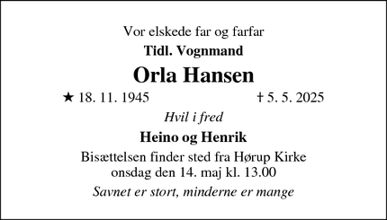 Dødsannoncen for Orla Hansen - Kjerllerup