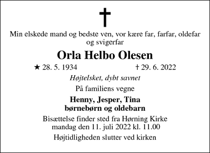 Dødsannoncen for Orla Helbo Olesen - Hørning
