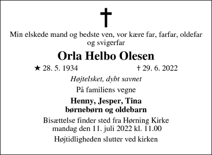 Dødsannoncen for Orla Helbo Olesen - Hørning