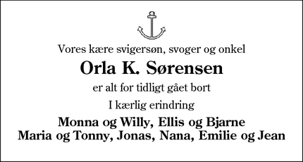 Dødsannoncen for Orla K. Sørensen - Sønderborg