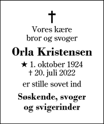 Dødsannoncen for Orla Kristensen - Kibæk