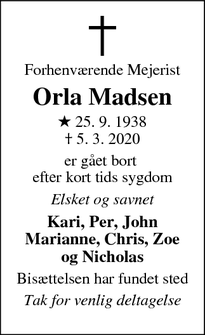 Dødsannoncen for Orla Madsen - Brabrand 