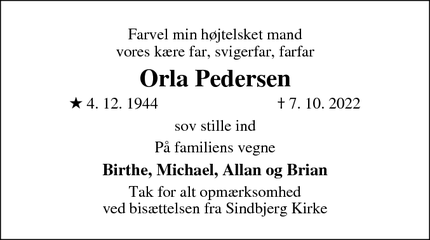 Dødsannoncen for Orla Pedersen - Vejle