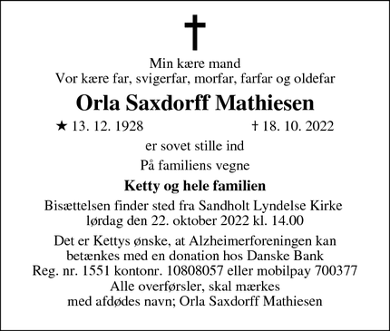 Dødsannoncen for Orla Saxdorff Mathiesen - Sandholt Lyndelse