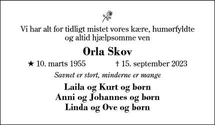 Dødsannoncen for Orla Skov - Skibbild