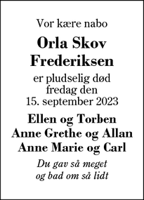 Dødsannoncen for Orla Skov
Frederiksen - Skibbild 7480 Vildbjerg