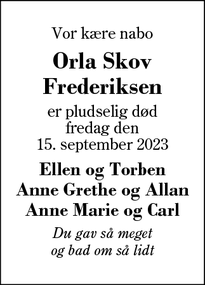 Dødsannoncen for Orla Skov
Frederiksen - Skibbild 7480 Vildbjerg